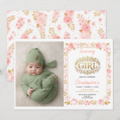 Blush Pink & Gold Floral Girl Baby Shower photo 招待状 (正面/裏面)