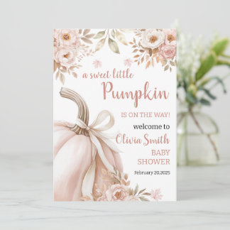 Blush Pink Gold Floral Pumpkin Girl Baby Shower 招待状