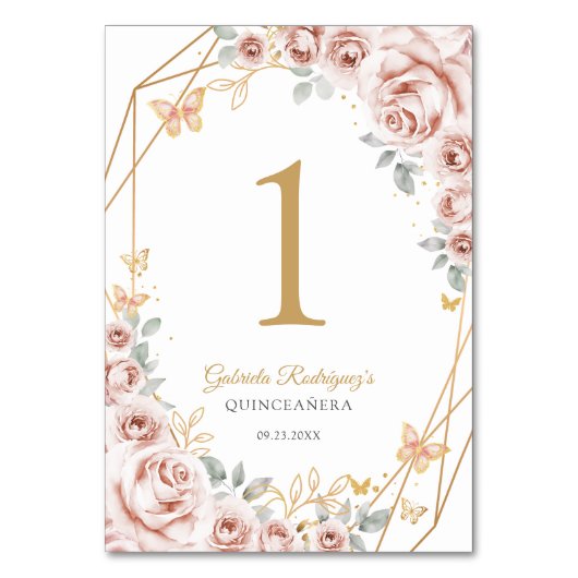 Blush Pink Gold Floral Quinceanera テーブルナンバー (正面)