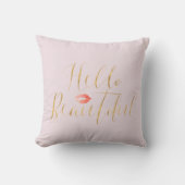 Blush Pink Gold Hello Beautiful Red Lips クッション (正面)