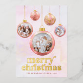 Blush Pink & Gold Ornament Photo Christmas  箔シーズンカード (正面)