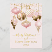 Blush Pink & Gold Ornaments Merry Christmas Photo 箔シーズンカード (正面)