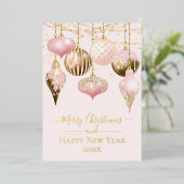 Blush Pink & Gold Ornaments Merry Christmas Photo 箔シーズンカード (立ち正面)