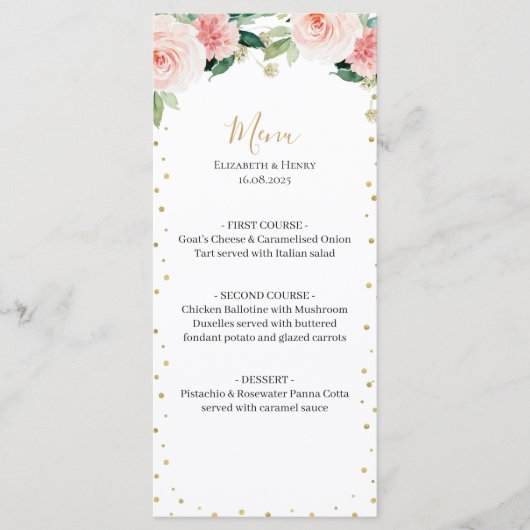 Blush pink gold peony floral elegant wedding menu メニュー (正面)