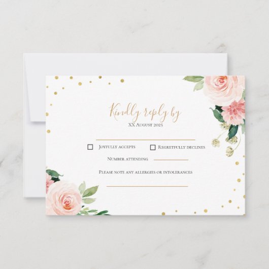 Blush pink gold peony floral wedding RSVP card (正面)
