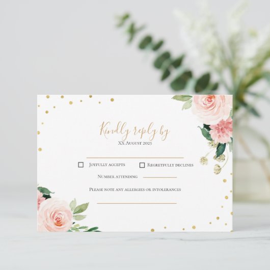 Blush pink gold peony floral wedding RSVP card (スタンド正面)