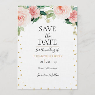 Blush pink gold peony floral wedding save the date 招待状