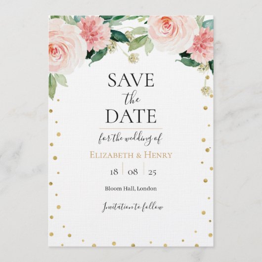 Blush pink gold peony floral wedding save the date 招待状 (正面)