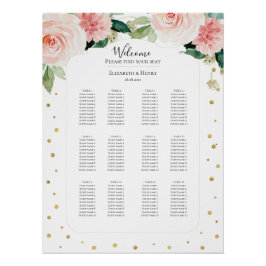 Blush pink gold peony floral wedding seating plan ポスター