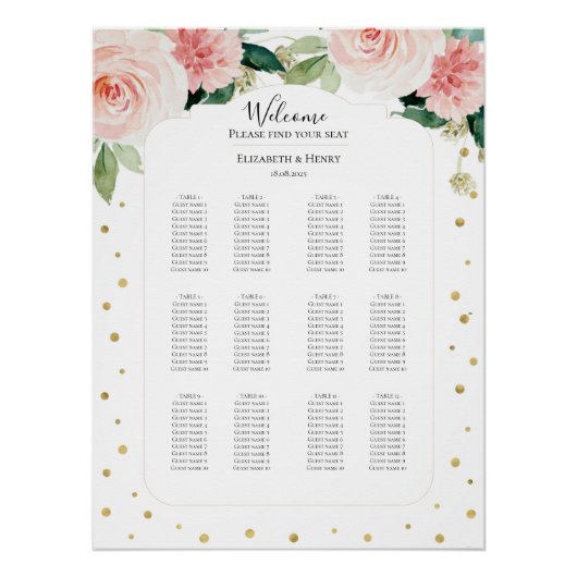 Blush pink gold peony floral wedding seating plan ポスター (正面)