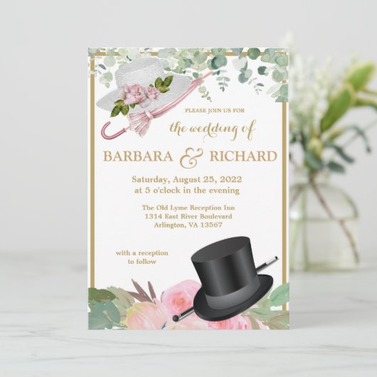 Blush Pink Gold Romantic Floral QR Wedding  招待状 (スタンド正面)