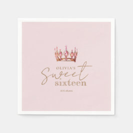 Blush Pink & Gold Sweet 16 Crown Paper Napkin スタンダードカクテルナプキン
