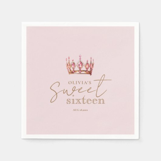 Blush Pink & Gold Sweet 16 Crown Paper Napkin スタンダードカクテルナプキン (正面)