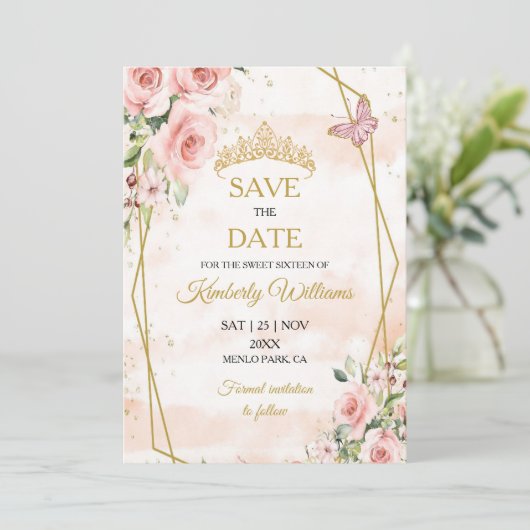 Blush Pink Gold Tiara Save The Date 16th Birthday 招待状 (スタンド正面)