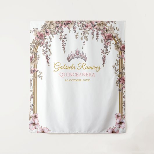 Blush Pink Golden Floral Quinceañera Backdrop タペストリー (正面)