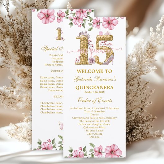 Blush Pink Golden Mis Quince Quiñceanera プログラム