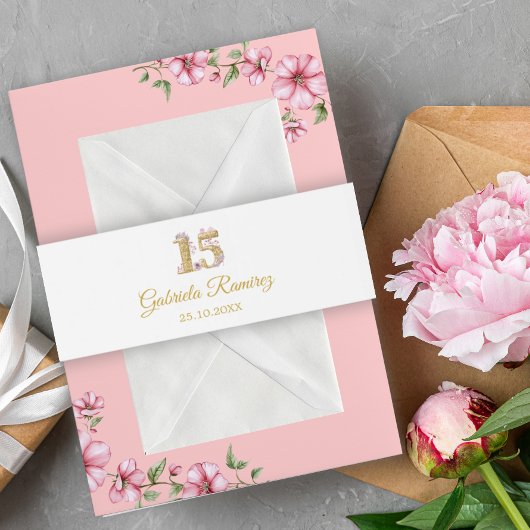 Blush Pink Golden Mis Quince Quinceañera 招待状ベリーバンド