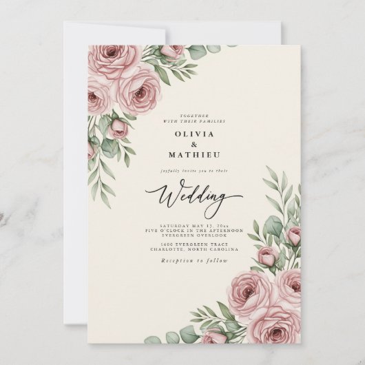 Blush Pink Graceful Botanical Wedding 招待状 (正面)