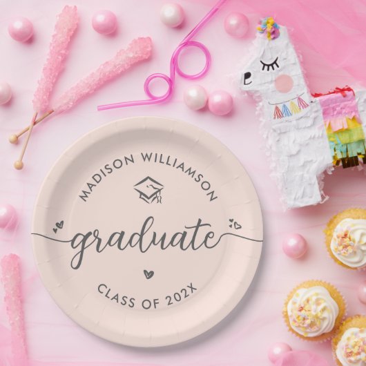 Blush Pink Graduation Gray Script Hearts Cap Bold ペーパープレート (パーティー)