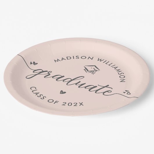 Blush Pink Graduation Gray Script Hearts Cap Bold ペーパープレート (アングル)