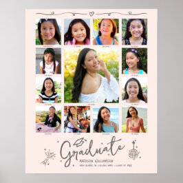 Blush Pink Graduation K–12 Photo Collage Doodles ポスター