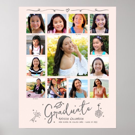Blush Pink Graduation K–12 Photo Collage Doodles ポスター (正面)