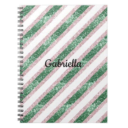Blush Pink Green Glitter Stripes ノートブック (正面)