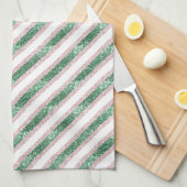 Blush Pink Green Glitter Stripes Christmas   キッチンタオル (四つ折り)