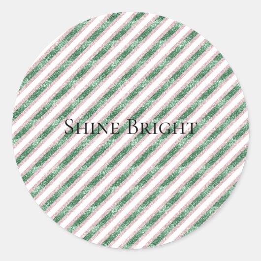 Blush Pink Green Glitter Stripes Christmas   ラウンドシール (正面)