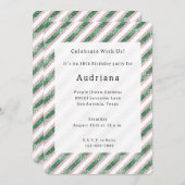 Blush Pink Green Glitzy Glam Chic Stripes Birthday 招待状 (正面/裏面)