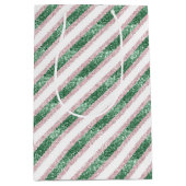 Blush Pink Green Glitzy Stripes Christmas ミディアムペーパーバッグ (正面)