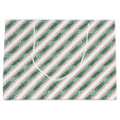 Blush Pink Green Glitzy Stripes Christmas ラージペーパーバッグ (正面)