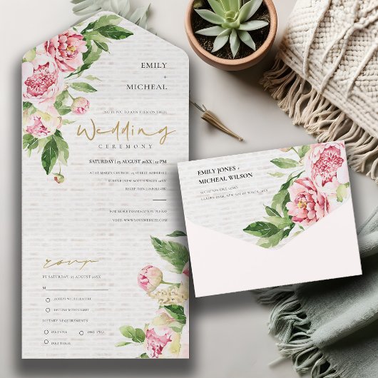 BLUSH PINK GREEN PEONY FLORAL BRICK WASH WEDDING オールインワン招待状
