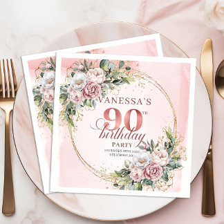 Blush Pink Greenery Floral 90th Birthday Party   スタンダードカクテルナプキン