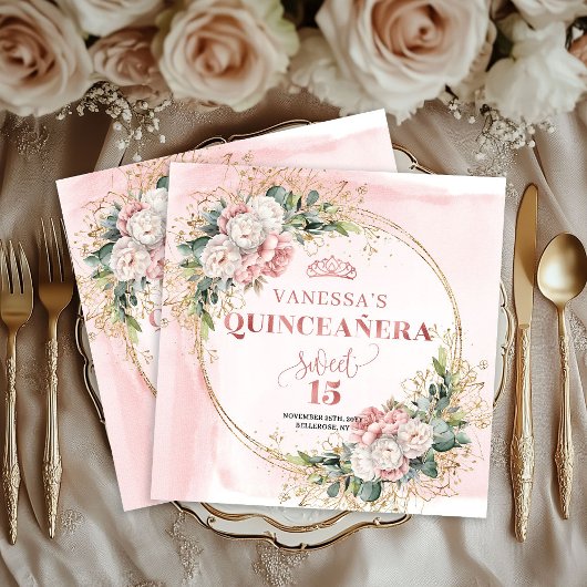 Blush Pink Greenery Quinceañera Party Napkins スタンダードカクテルナプキン