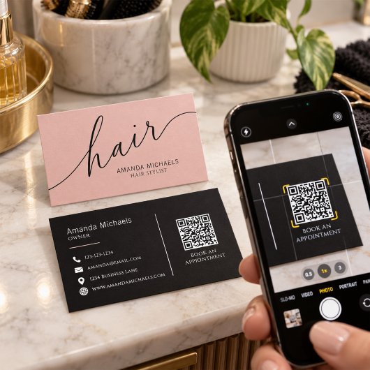 Blush Pink Hair Stylist Script QR Code 名刺