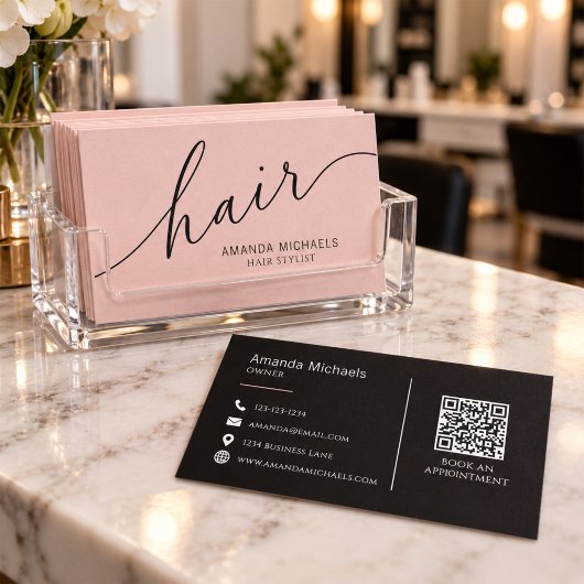 Blush Pink Hair Stylist Script QR Code 名刺