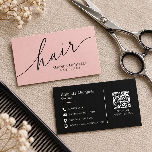 Blush Pink Hair Stylist Script QR Code 名刺