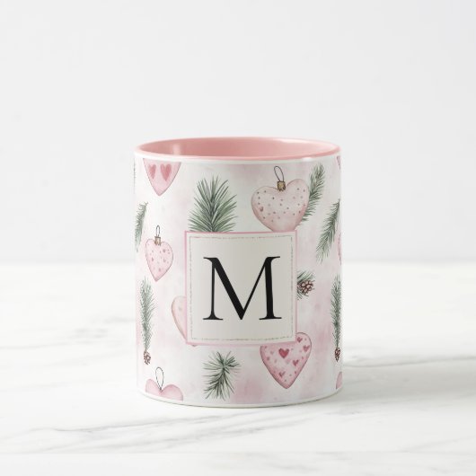 Blush Pink Hearts Christmas Monogram マグカップ (中央)