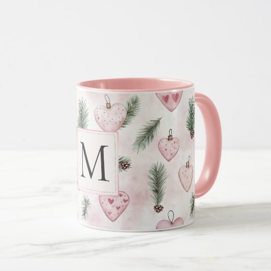 Blush Pink Hearts Christmas Monogram マグカップ (正面右)