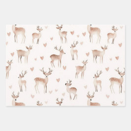 Blush Pink Hearts Cream Deer Christmas ラッピングペーパーシート
