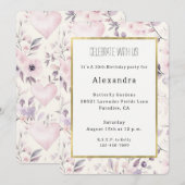 Blush Pink Hearts Purple Flowers Birthday 招待状 (正面/裏面)