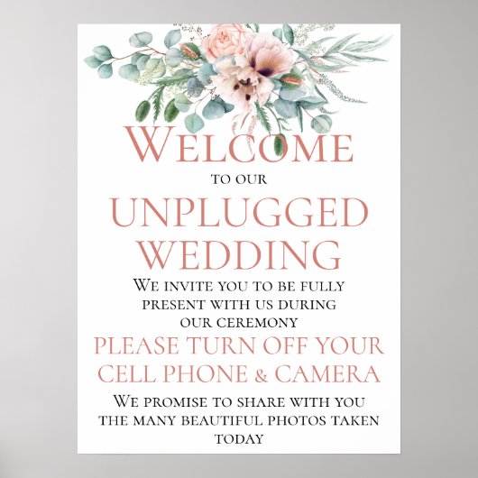 Blush Pink Ivory Floral Unplugged Wedding Ceremony ポスター (正面)