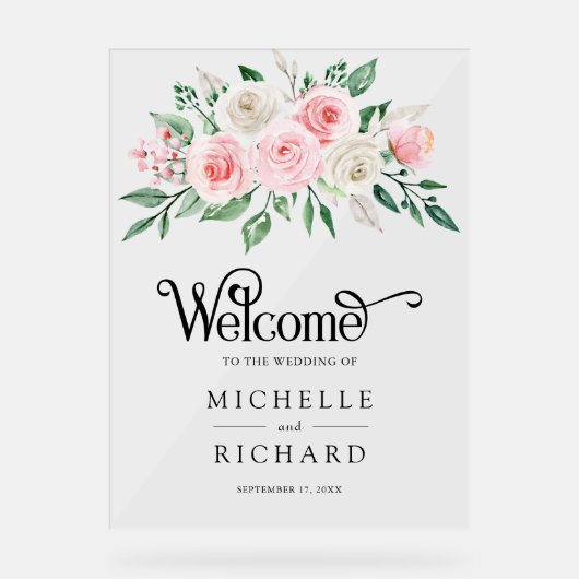 Blush Pink Ivory Floral Wedding Welcome アクリルサイン (正面)