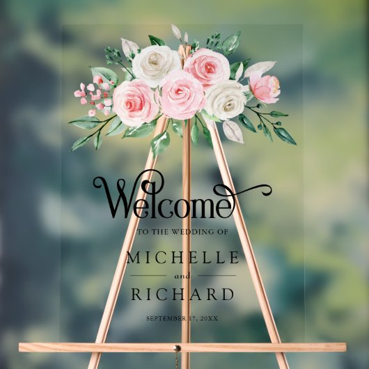 Blush Pink Ivory Floral Wedding Welcome アクリルサイン (ニュートラル)