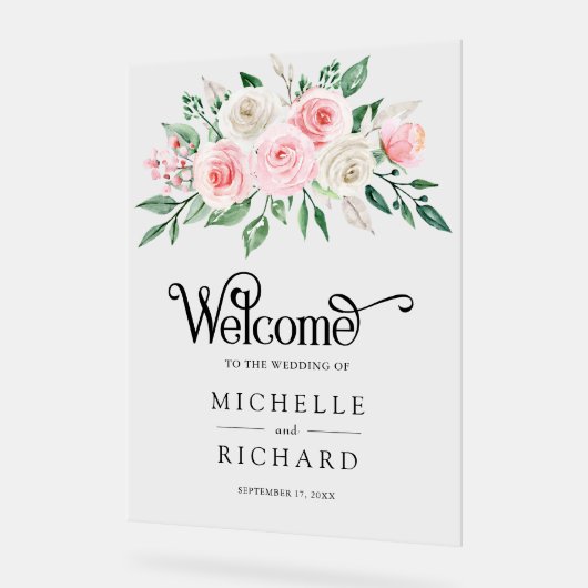 Blush Pink Ivory Floral Wedding Welcome アクリルサイン (傾斜)