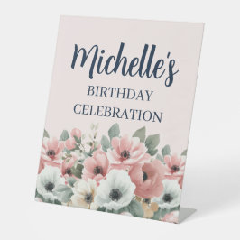 Blush Pink Ivory Sage Floral Birthday Welcome 台座サイン