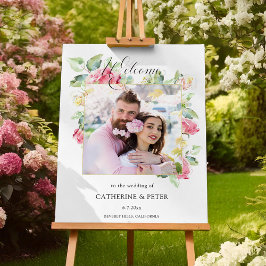 Blush Pink/Ivory Watercolor Roses Photo Welcome アクリルサイン