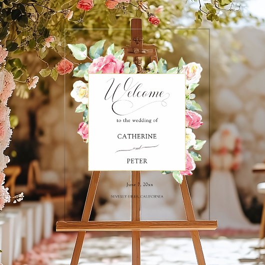 Blush Pink/Ivory Watercolor Roses Welcome アクリルサイン