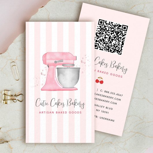 Blush Pink Kitchen Mixer Stripes QRコード ベーカリー 名刺